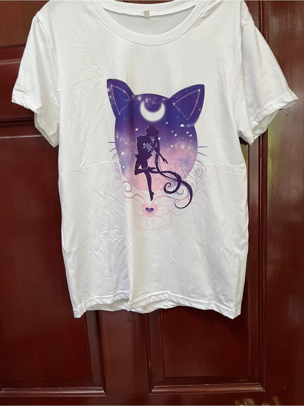 White Cat-Graphic T-Shirt with Purple Ombre Sailor Silhouette